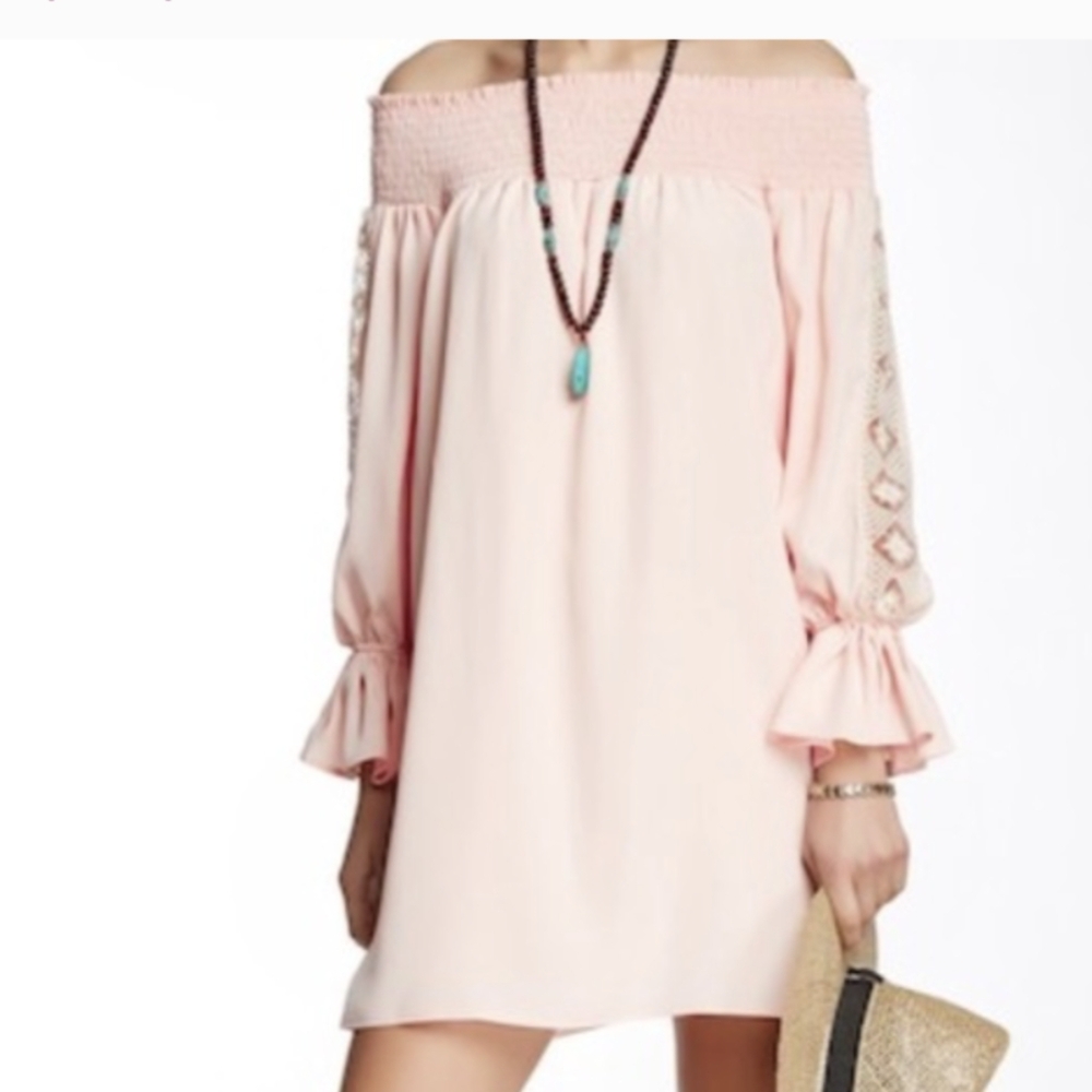 VA VA BY JOY HAN Pastel Pink Smocked Off Shoulder Lace Sleeve Dress